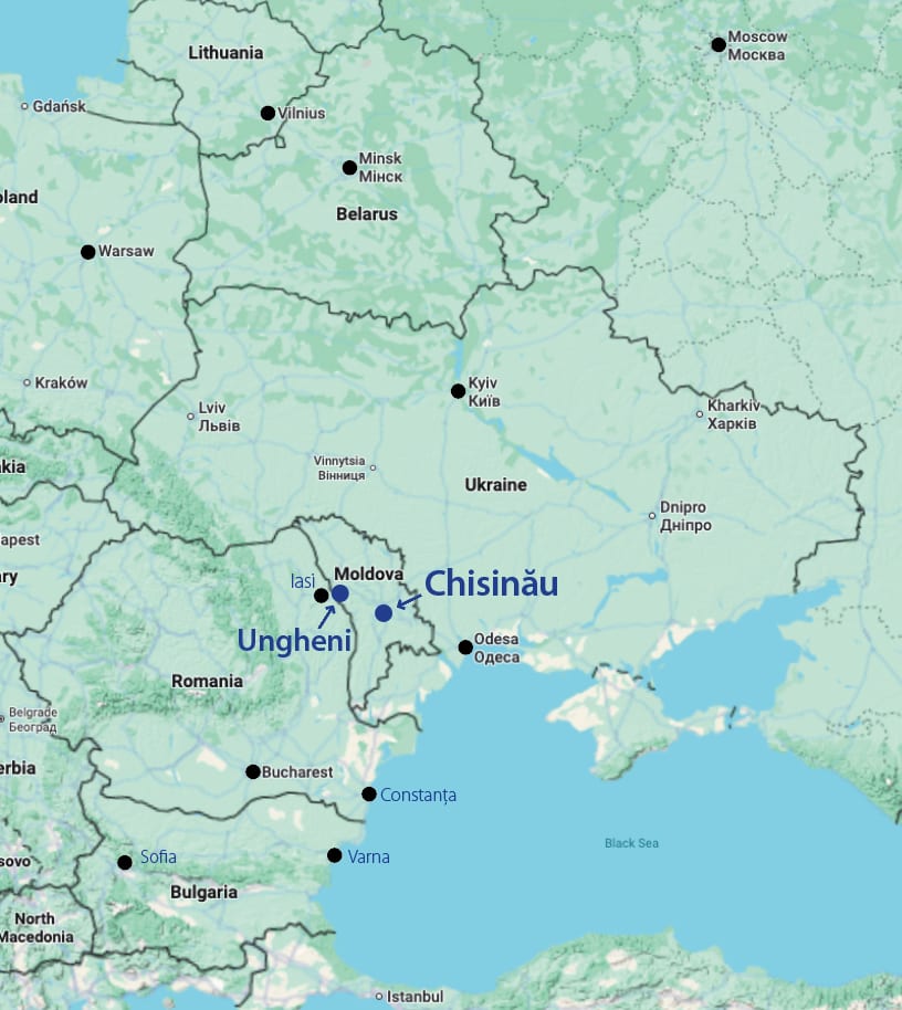 Map of Eastern Europe marking Acvila Grup's investment locations in Moldova — Chișinău and Ungheni — near the Romanian (EU) border