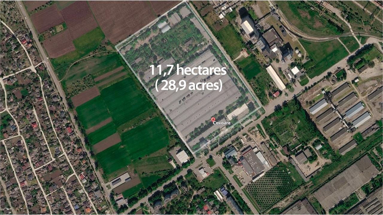 Aerial view of the 11.7 hectare Covoare-Ungheni industrial park site on the western edge of Ungheni, Moldova