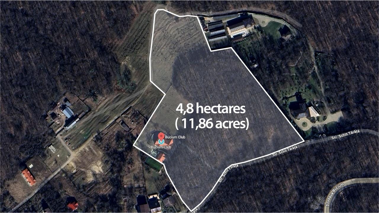 Aerial view of the 4.8 hectare villa estate and protected forest in the Bucium zone above Iași, Romania